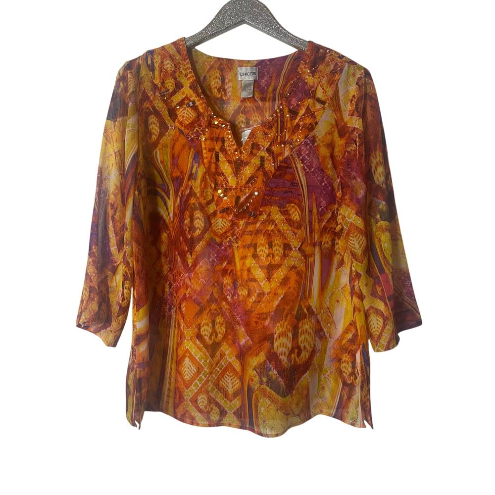 Chico’s Silk Indian Wave Talma Tunic Top Orange NEW